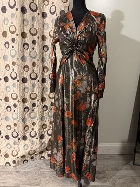 Metallic Olive Floral Twist-Front Long Sleeve Maxi Dress